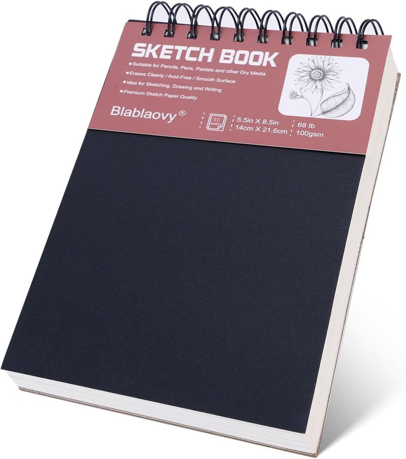 Blablaovy دفتر رسم، 5.5" × 8.5" دفتر رسم مع 60 ورقة (68 رطل/100 جرام)، 1 عبوة دفتر رسم خالي من الحمض للبالغين المبتدئين الفنانين (1 قطعة سوداء) - Image 1